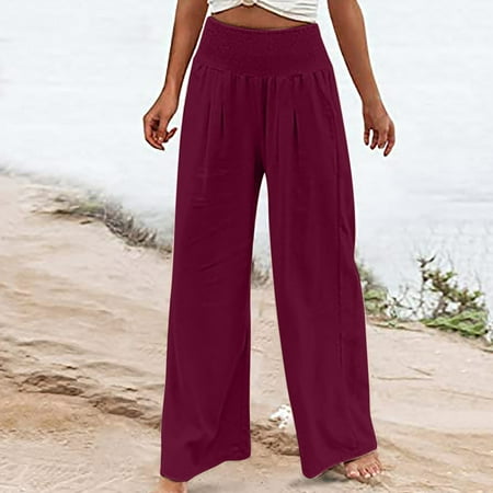 

HOMBOM Scrub Pants for Women Summer Fashion Solid Color Pants Straight Wide Leg Trousers Pants With Pocket Wine M(6)