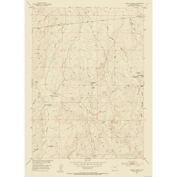 Topographical Map - Puddle Springs Wyoming Quad - USGS 1952 - 23 x 31.83 - Vintage Wall Art