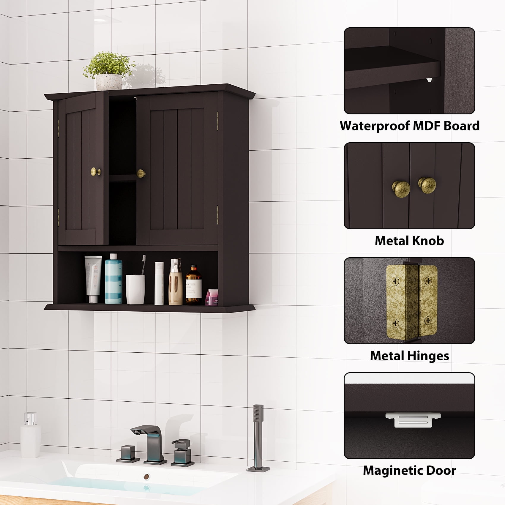Semiocthome Bathroom Medicine Cabinet Wood 2 Doors Wall Cabinet over the Toilet Storage in Brown