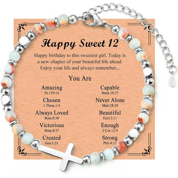 Birthday Cross Bracelet Gift for 12, 13, 14, 15, 16, 17, 18-Year-Old Women, Includes Birthday Card, Perfect for Daughters, Granddaughters, Sisters, Nieces, or Best Friends