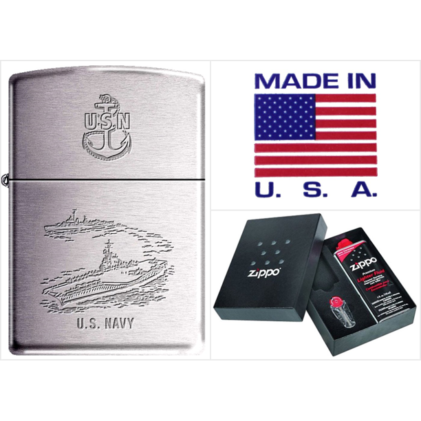 US Navy Engraved USN Zippo Lighter Chrome Bundle Gift Set Free Flints