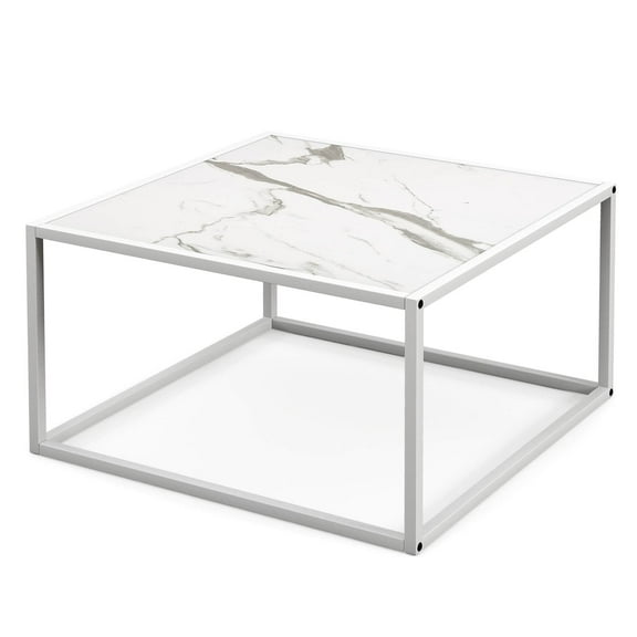 RTYJGD Square Coffee Table - Faux Marble Top & Matte Steel Frame, 100lbs Capacity, Modern Living Room Table (White)