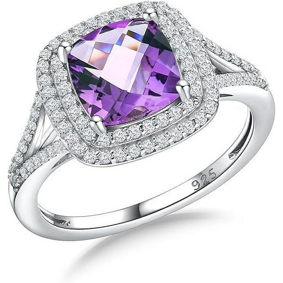 Gems Jewels 2.00 Ct Cushion Cut Amethyst Wedding Engagement Halo Ring 14K White Gold Plated 925 Sterling Silver For Women's -9.5