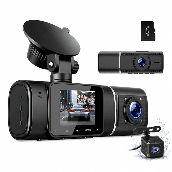 TOGUARD 3 Channel 1080P Dash Cam, Car Camera with Inside Rear Night Vision, 64GB SD Card, 170° Wide Angle, G-Sensor, Parking Mode