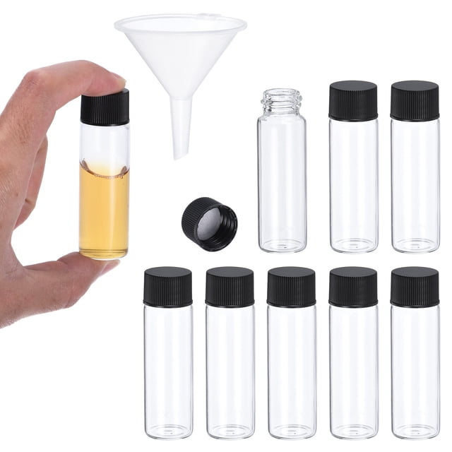 Frascos de vidrio claros de 15ml, paquete de 8 frascos de muestra con tapa de tornillo, botella de medio reactivo con embudo a prueba de fugas