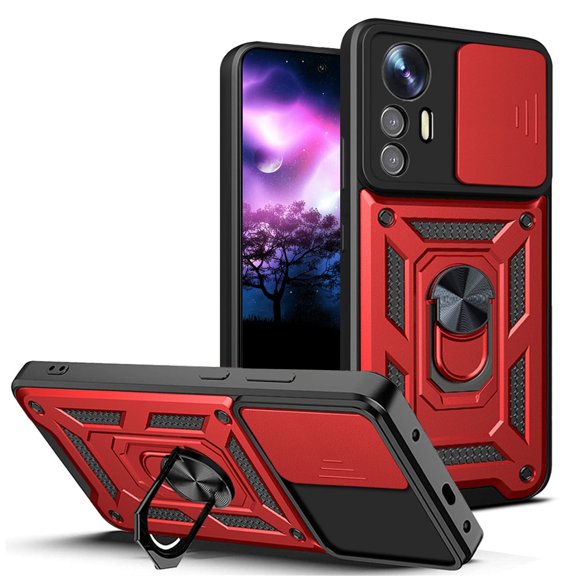 CCSmaller for Xiaomi Redmi Note 12S 4G Case with Slide Camera Cover for Men, Military Grade Drop Phone Cover Case with Rotate Ring Kickstand for Xiaomi Redmi Note 12S 4G SJ Red