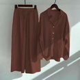 thumbnail image 3 of Baqcunre Women's 2-Piece Vintage Plus-Size Cotton and Linen Shirt and High-Waisted Pant Set,Color Coffee,Size 3XL-5XL, 3 of 4