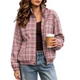 thumbnail image 2 of Xdegoge Bomber Jackets for Women Fall Plaid Stand Collar Long Sleeve Zip Up Outerwear Fall Winter Lightweight Casual Vintage Streetwear Coats Pink S, 2 of 8