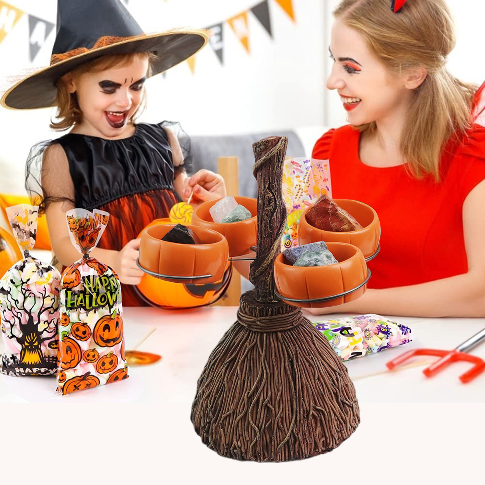 Support à Bols En Forme De Balai D’Halloween - 3, 4 Ou 6 Bols Citrouille Pour Snacks