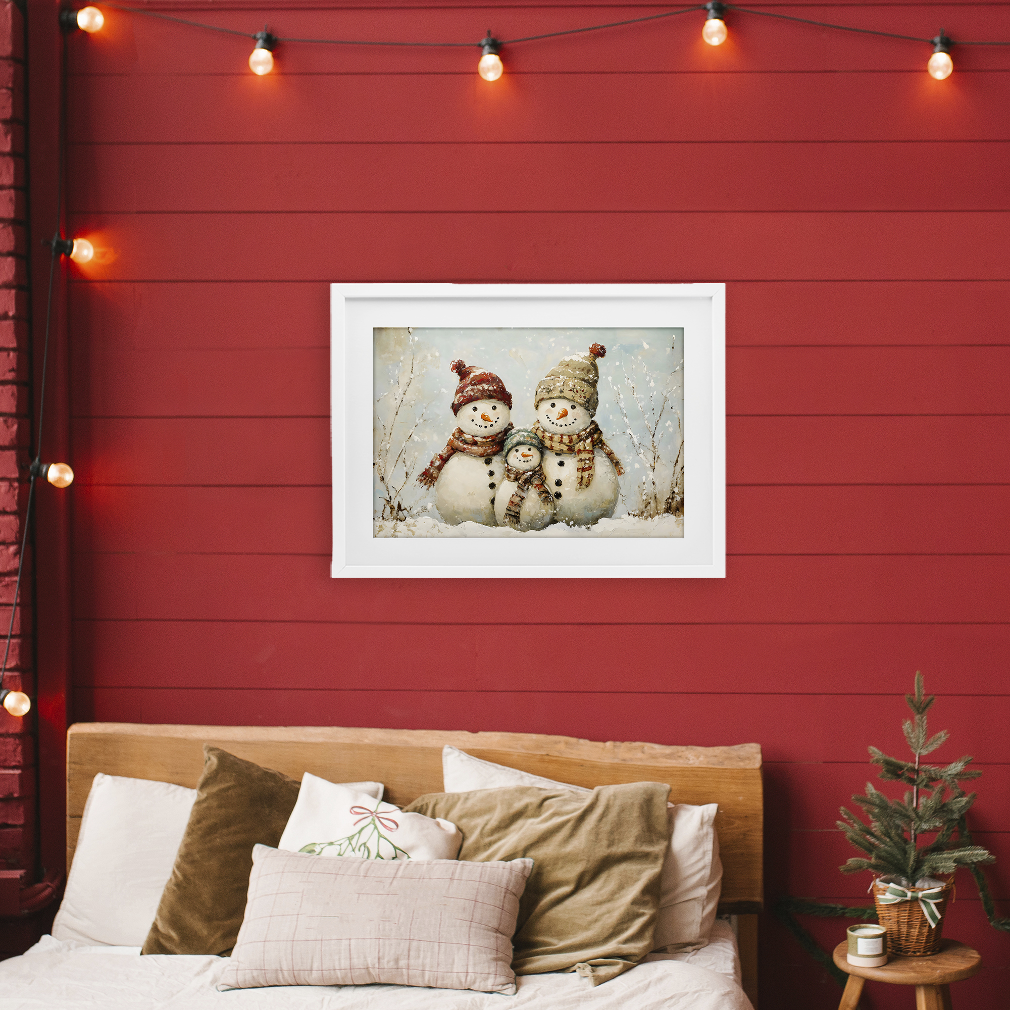 Snowman Family Of Three White Framed Print Under Glass, design by Petal Prints Design