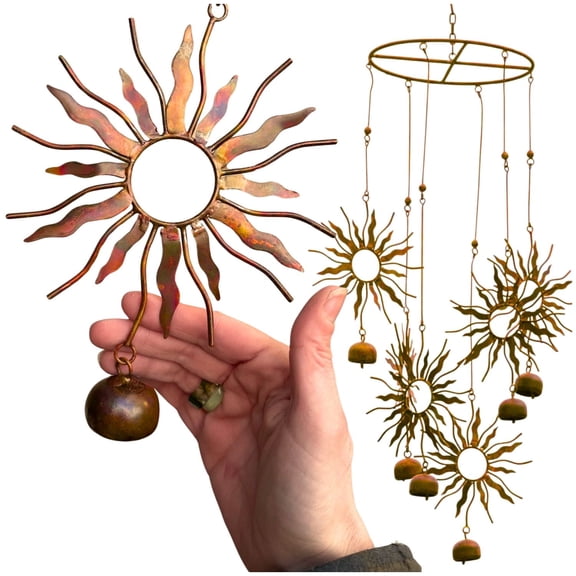 Happy Gardens Handcrafted Sun Steel Wind Chime Mobile With 6 Bells (Flamed Finish) Outdoor Metal Hook Hanging Decor For Outside Back Yard