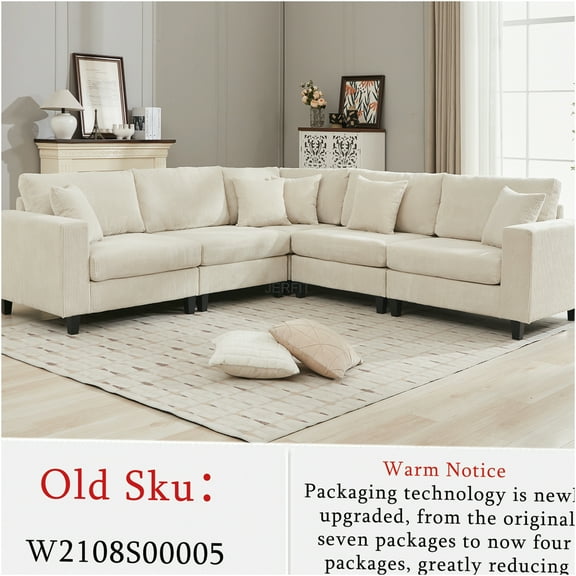 JERFIT Modern Oversized 5-Piece Modular Sectional Sofa Set with Pillows, L-Shaped Corduroy Fabric Couch for Living Room, Apartment, Beige