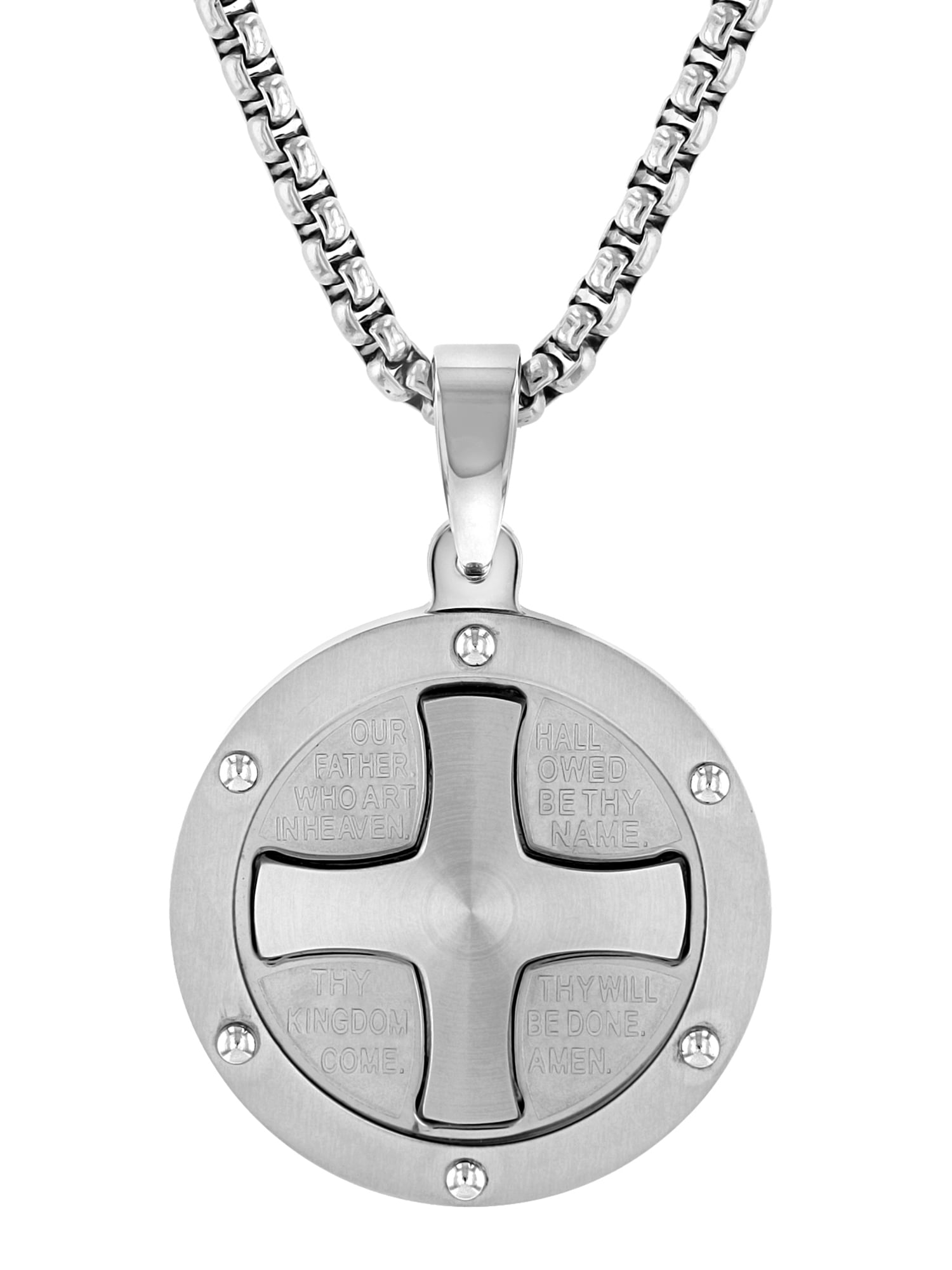 Unisex Stainless Steel Our Father Prayer Round Pendant Necklace