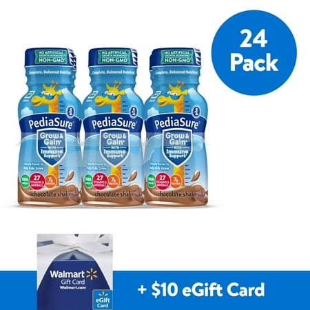 PediaSure Grow & Gain Kids’ Nutritional Shake, with Protein, DHA, and Vitamins & Minerals, Chocolate, 8 fl oz, 24-Count with complimentary $10 eGift Card