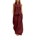 thumbnail image 2 of Mifsaly Two Piece Vacation Sets for Women Sleeveless Button Down Shirt and High Waisted Wide Leg Palazzo Pants Lightweight Flowy Summer Matching Lounge Outfits with Pockets Wine,S, 2 of 7