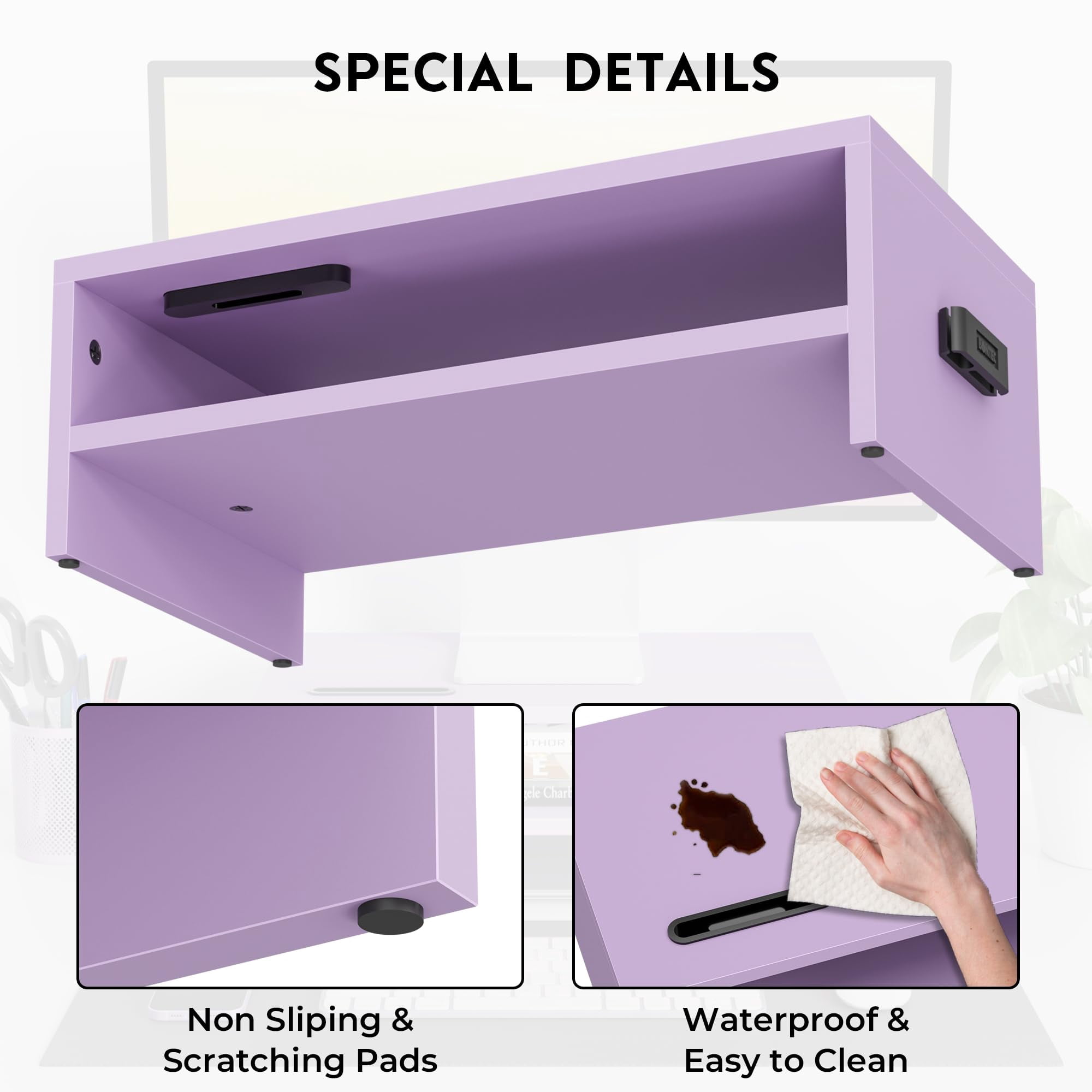 Wooden Monitor Stand Riser  2-tier Desk Shelf With Storage Organizer Computer Cable Management Cellphone Holder Purple 16.5 Inch