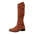 thumbnail image 6 of Pandaie Women's Knee High Boots Wide Calf Cowboy Cowgirl Western Booties Low Heel Pull on Slouchy Winter Riding Shoes with Side Zipper Brown 7, 6 of 8