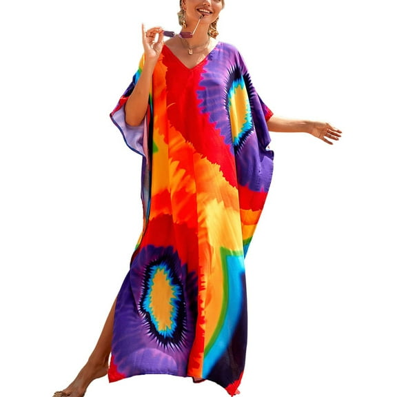 DAKIMOE Plus Swimsuit Cover Up for Women Printed Beach Bathing Suit Cover Up Colorful Caftan Dress Tie Dye Bikini Coverup, One Size