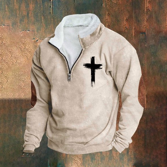 Njagoc3 Mens Long Sleeve Hoodie, Hooded Collar, Cross Print, Elegant and Unique, Breathable Fabric, Perfect for Travel and Casual Events