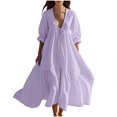 thumbnail image 3 of VBTAPA Cotton Linen Dresses for Women 2025 Trendy V Neck Front Tie Maxi Dress Elegant 3/4 Sleeve Long Sundress Flowy Beach Vacation Dresses Purple S, 3 of 7