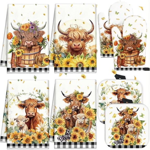 8 Pcs Highland Cow Kitchen Towels Pot Holders and Oven Mitt Set Highland Cattle Dish Towels Farm Square Potholders Watercolor Heat Resistant Glove for Home Cooking Baking Gifting(Sunflower)