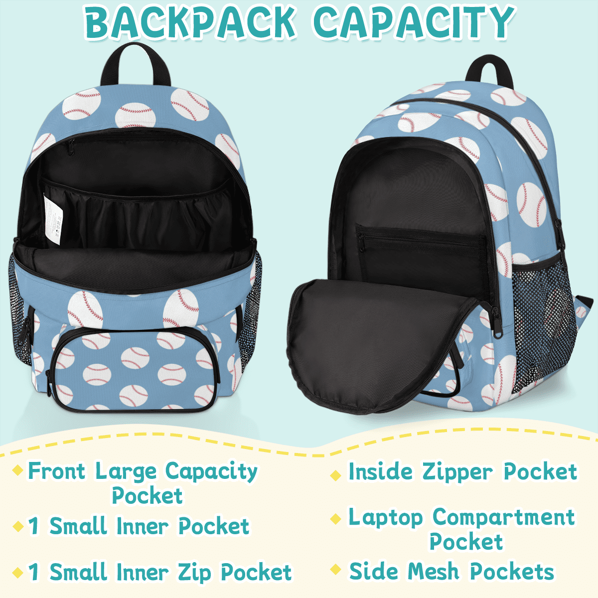 Herdesigns Baseball Blue Travel Laptop Backpack, Waterproof Computer Bag for Women Men Adult, 18.3 Inch Large Work Nurse Teacher Bags Casual Daypack