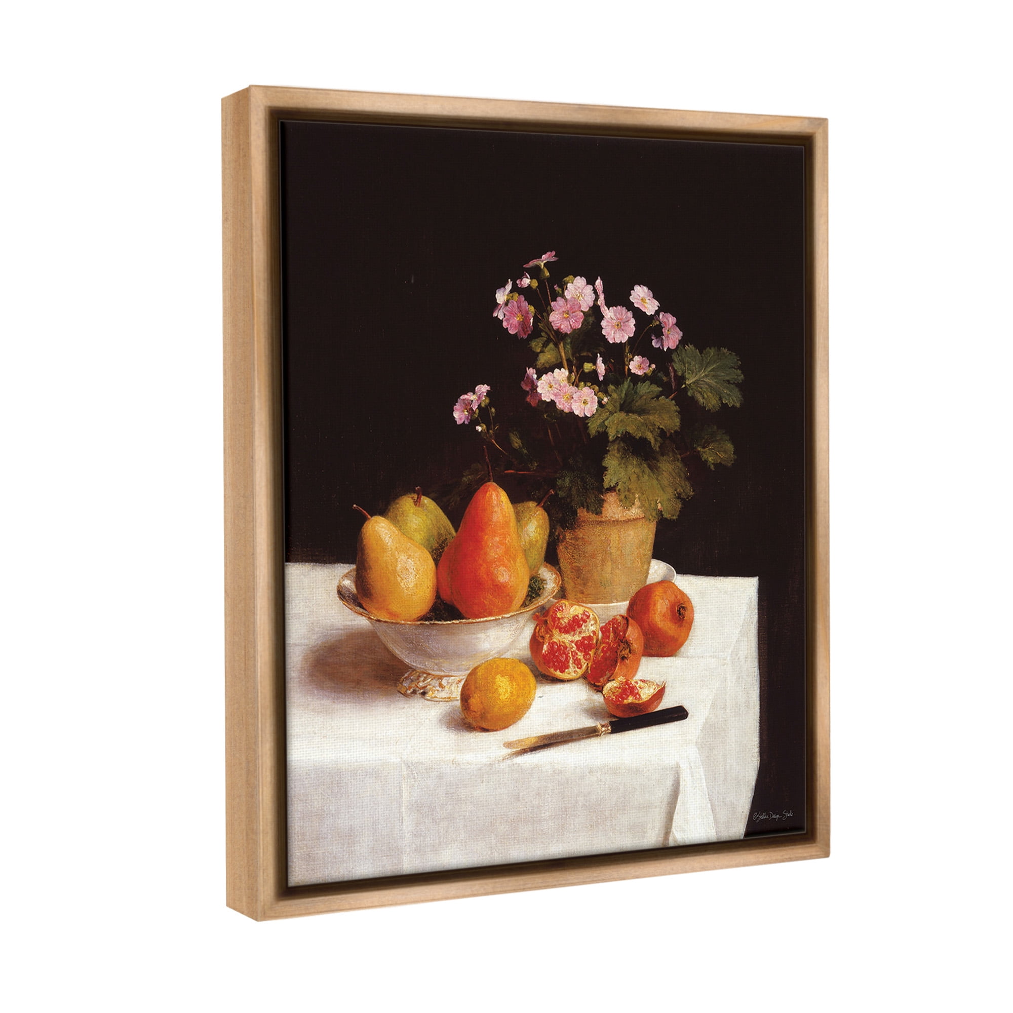 Stupell Industries Fruit & Bouquet Still Life Food & Beverage Painting Brown Floater Framed Canvas Art Print Wall Art, 25 x 31