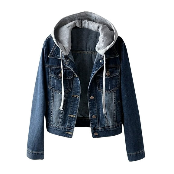 Jiyugala Women's Overcoat Vintage Hooded Button Down Long Sleeve Pocket Distressed Casual Denim Jean Jacket Teen Girls Coat