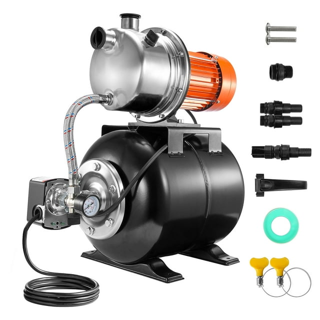 KFFKFF Pompe de Surface 1,6 HP pour Puits Peu Profonds, Débit 1320 GPH, Comprend un Réservoir à Pression de 5 Gallons et un Interrupteur de Pression 30/50 PSI, Tête en Acier Inoxydable, Idéale pour l'Arrosage du Jardin Résidentiel et de la Pelouse