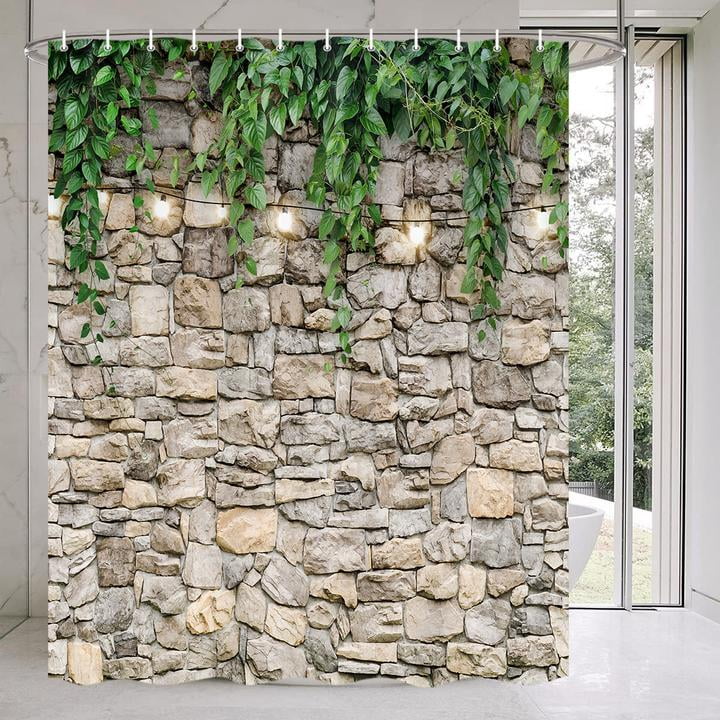 Stone Brick Wall Shower Curtain, Green Leaves Shower Curtain Set for Bathroom, Vintage 3D Vine with Lights Fabric Shower Curtain Restroom Bathtub Decor Accessories with Hooks 72X 75 inch