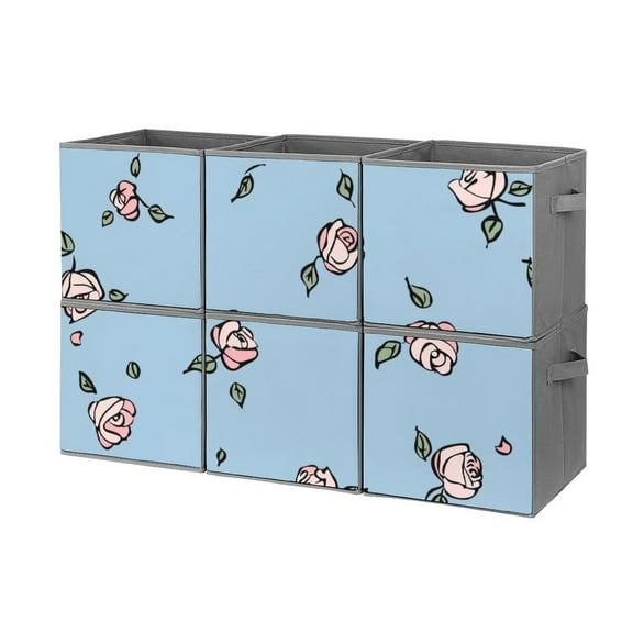 Collapsible Oxford Fabric Storage Cubes with Handles, Large Mid Foldable Oxford Cloth Bins Set of 2/6, Closet Organizers for Shelves Clothes Home Kitchen Toy - Rose Pattern