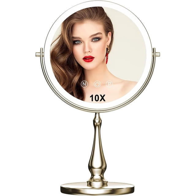 WIZCHARK 9 "Large Light Makeup Mirror, 1x / 10x True HD Magnifying Mirror, 3-Color Light dimmable, 2 Rechargeable Makeup Mirrors 360° Rotation, Standing Desk Makeup Mirror, Brush Nickel