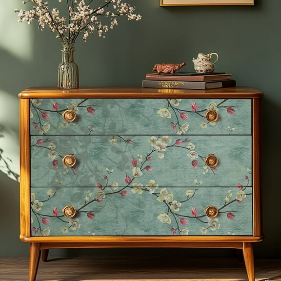 GYTY 1 Roll Vintage Green Plum Blossom & Yellow Flowers Wallpaper - 3D Thick, Waterproof, Stain-Resistant, Easy to Clean, Self-Adhesive Contact Paper for Elegant Home Decor