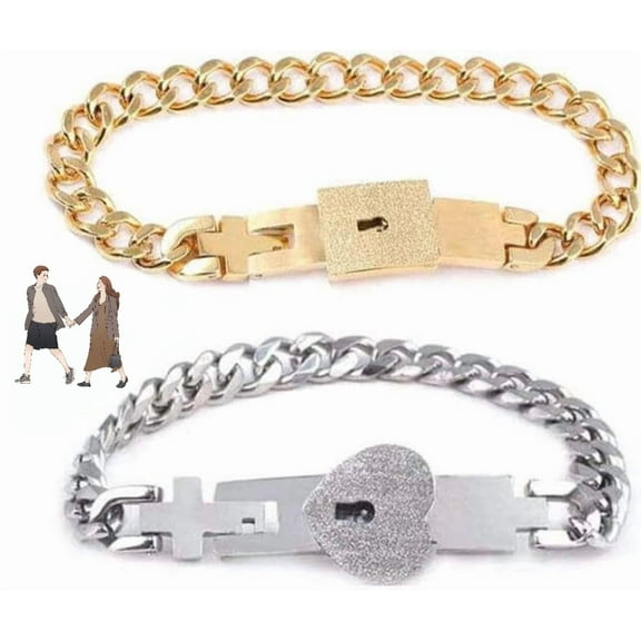Lover's Lock, 2pcs Heart Lock Bracelet Puzzle Bangle, Couples Jewelry for Men and Women, Valentines Day Gift