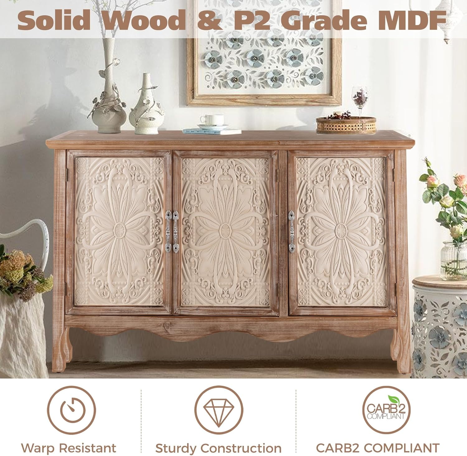 CozyHome Vintage Sideboard Buffet Cabinet with 3 Carved Doors, Rustic Accent Cabinet Storage Cabinet with Shelves, Wood Entryway Cabinet for Kitchen, Dining Room, Living Room, Bedroom, Natural