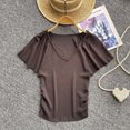 thumbnail image 1 of Camiseta de punto de manga corta para mujer, Top de manga acampanada con cuello en V profundo, plisado, ajustado, informal, novedad de verano, 1 of 5