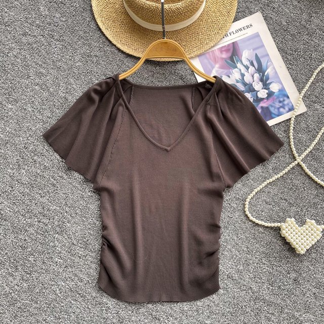 Camiseta de punto de manga corta para mujer, Top de manga acampanada con cuello en V profundo, plisado, ajustado, informal, novedad de verano
