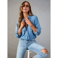 thumbnail image 4 of Women's Denim Shirt Long Sleeve Button Down Shirt, V-Neck Chambray Blouse Top for Women, Casual Work Shirt Dark Blue M, 4 of 10