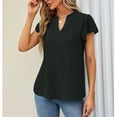 thumbnail image 2 of Camisa con ojales para mujer, volantes, manga corta, ribete con volantes, cuello en V, Color puro, camisa para mujer, Top para primavera y verano, negro M, 2 of 6