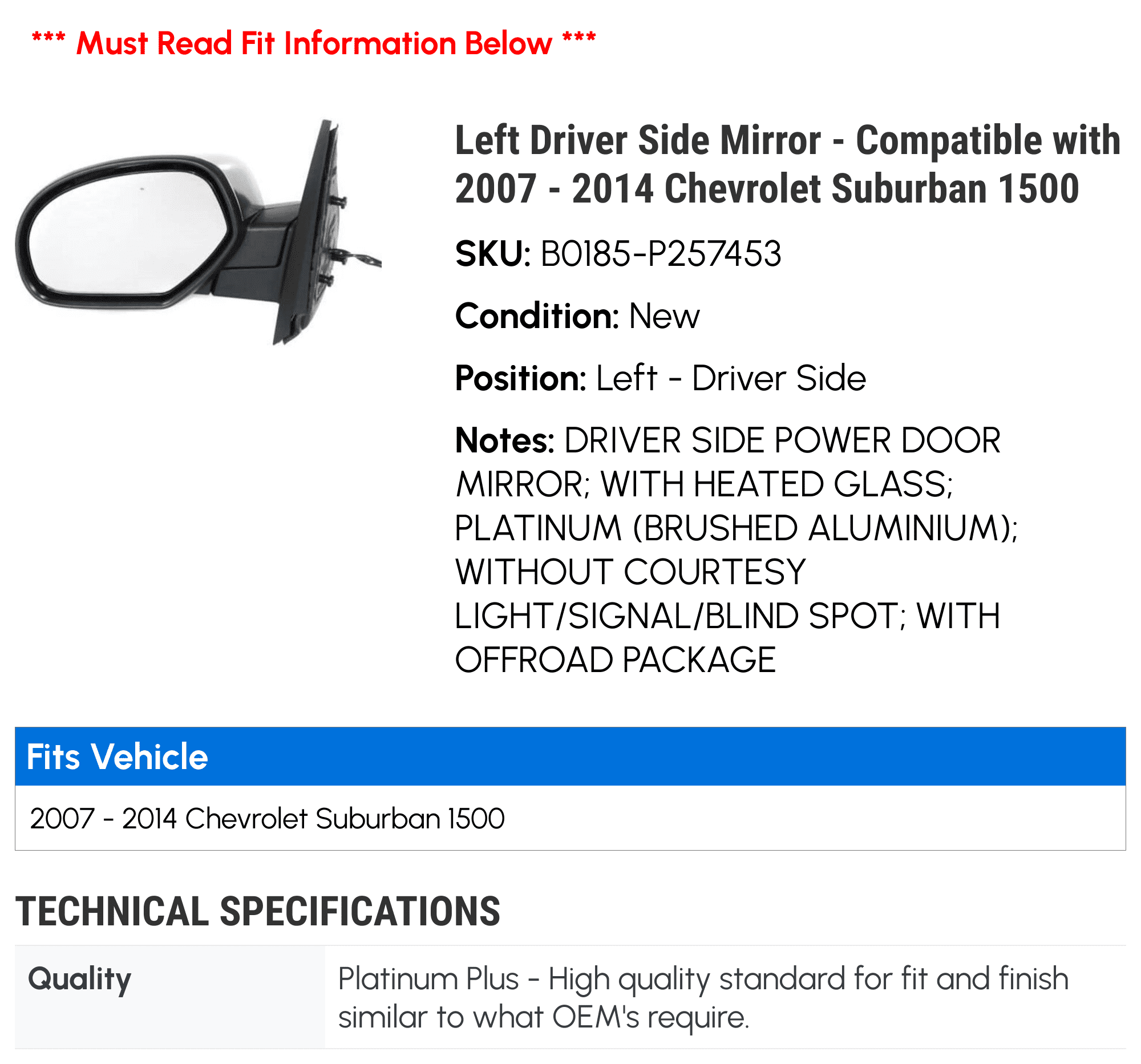Left Driver Side Mirror - Compatible with 2007 - 2014 Chevy Suburban 1500 2008 2009 2010 2011 2012 2013