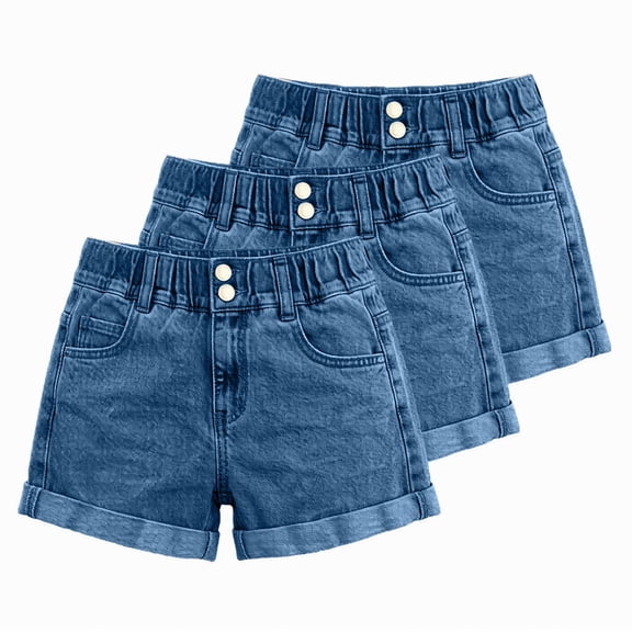 Gamviast Girls' Denim Shorts Elastic Waist Double Button Stretch Jean Shorts with Pockets Rolled Hem Kids Summer Casual School Bottoms 3 Pack Blue 5-6Years