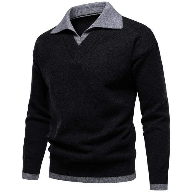 Yaoyar Men's Fashion Color Blocked Fake Two Piece Long Sleeve Collar Elastic Tight Set Knitted Sweater
