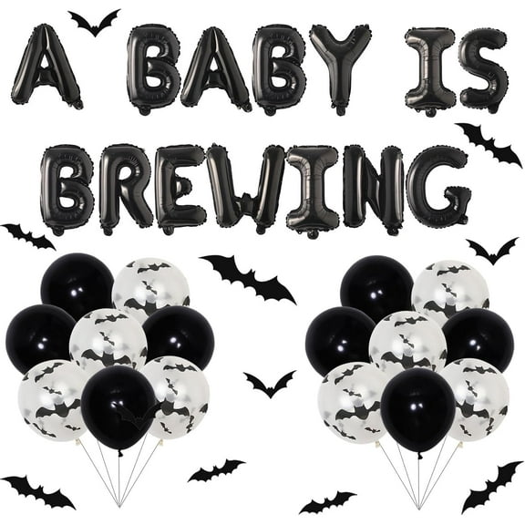 36Pcs Halloween A Baby Is Brewing Baby Shower Decorations A Baby Is Brewing foil Balloons Banner Black White Latex Balloons 3D Bat Wall Stickers for Halloween Themed Baby Shower Party Decor Supplies
