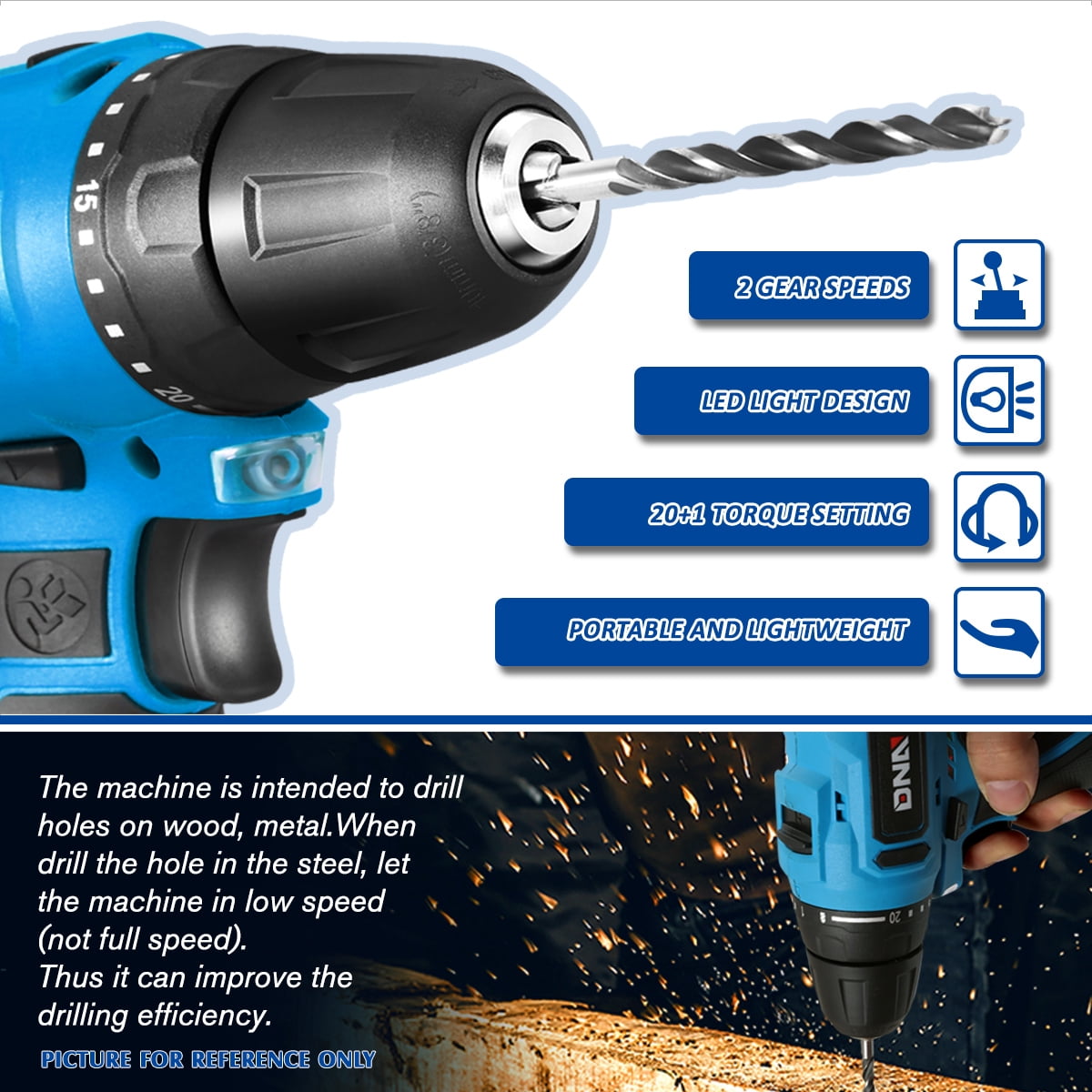 WMT-TOOLS-00157 Cordless Electric 12V Drill Driver, Keyless Chuck, Two-Speed, 20+1 Torque