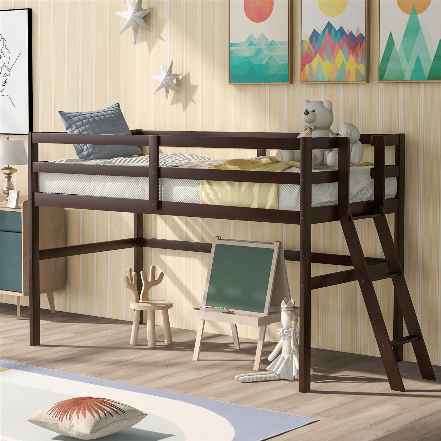 Twin Size Low Loft Bed with Slide Ladder, Wooden Loft Bed for Kids