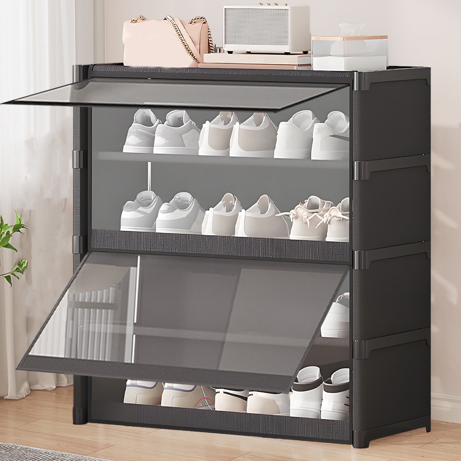LACKUST 5 Tier Black Shoe Rack with Clear Cover, Metal Shelf Steel Tube Shoe Storage Organizer for Entryway Closet Bedroom Dorm, Easy Install No Tools