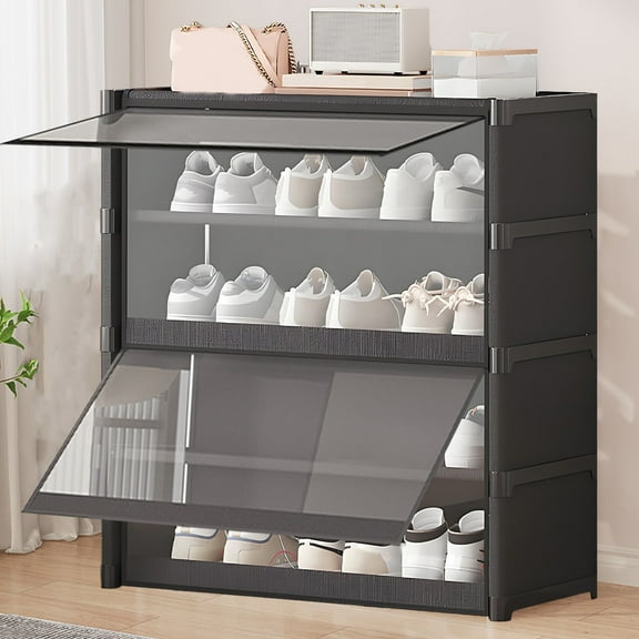 AuroraX Shoe Rack with Cover Closed 4 Tier Cabinet Black Shoe Rack Organizer Free Standing Corner Space-Saving Sturdy Vertical Shoe Storage Organizer for Closet,Entryway,Door