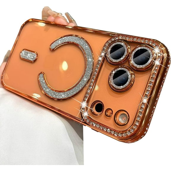 for iPhone 17 Pro Case Magnetic, [Compatible with MagSafe] Women Cute Clear Glitter Bling Diamond Rhinestone Sparkly Case Camera Lens Protectors Plating Cover, Orange