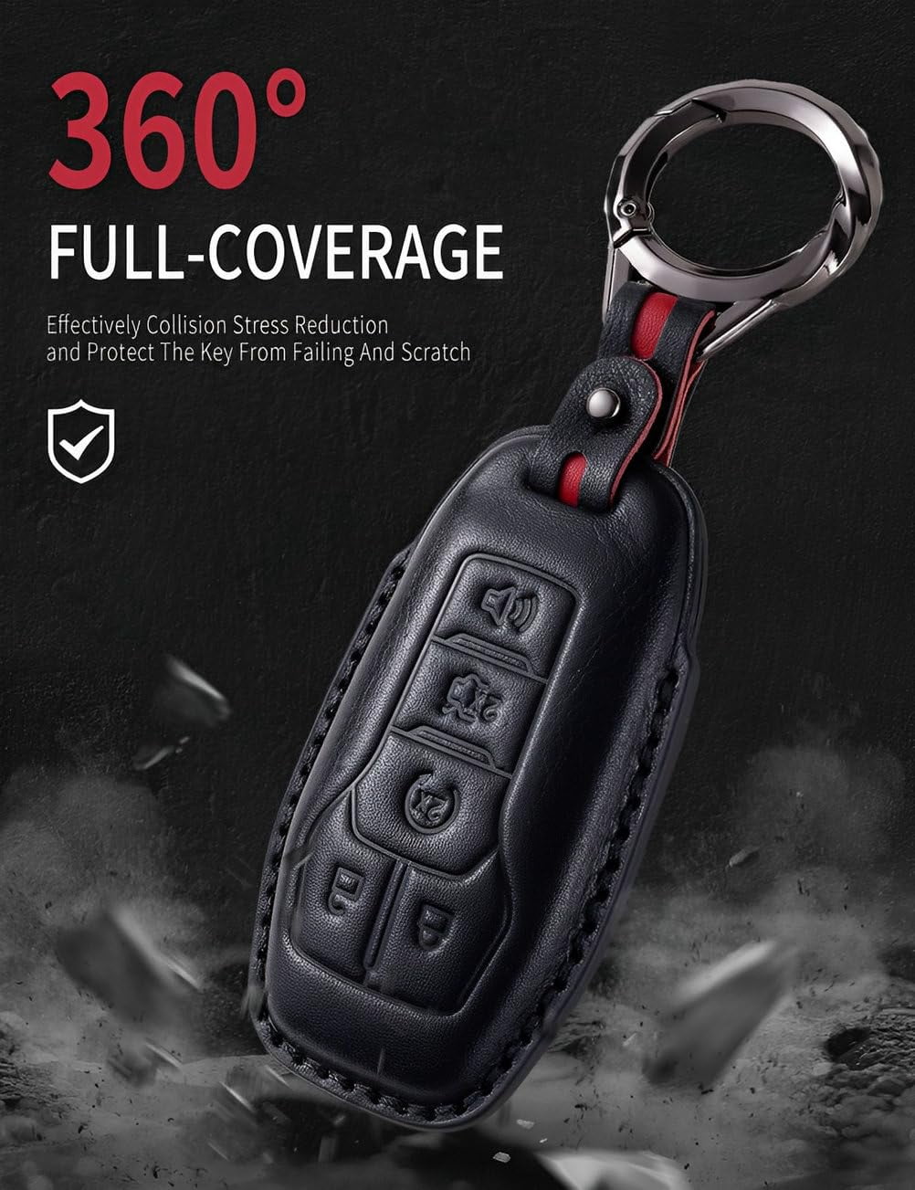 for Ford Key Fob Cover Leather Key Fob Holder 5 Button Car Smart Remote Key Case Keychain Compatible with Mustang Explorer F150 Fusion Edge Lincoln MKZ MKC