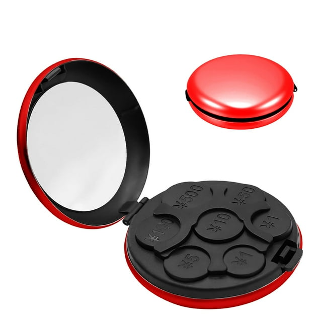 WJCA Portable 7-Slot Yen Coin Holder with Mirror, Compact Change Organizer for Car Travel and Daily Use, Red.